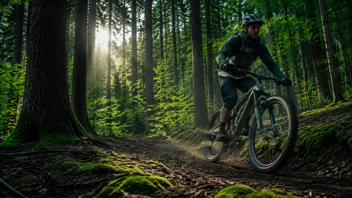 Cyclist moving through an emerald forest, illustrating subject motion.
