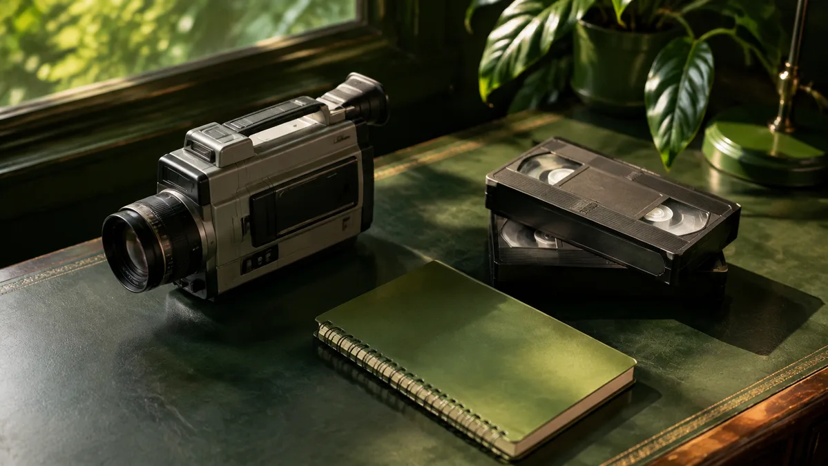 Vintage camcorder and tapes arranged on a dark desk.