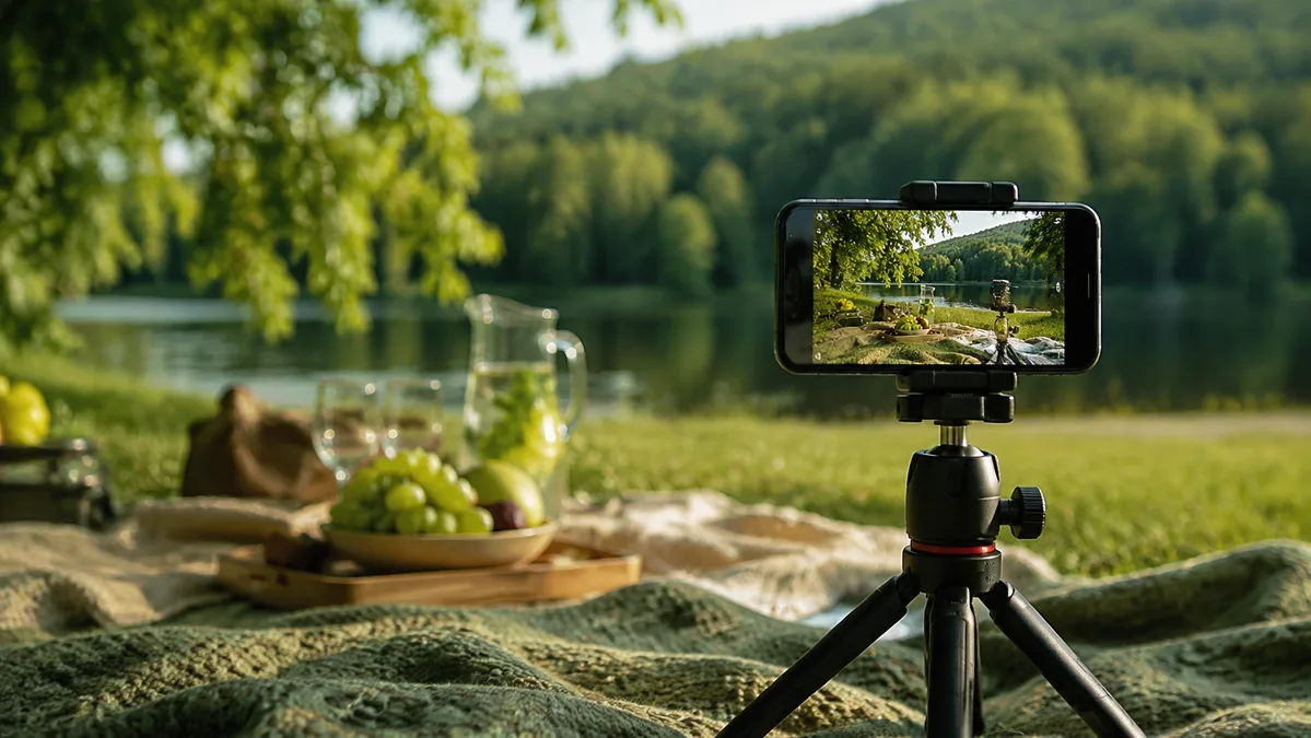 Phone on a tripod overlooking a lakeside picnic.