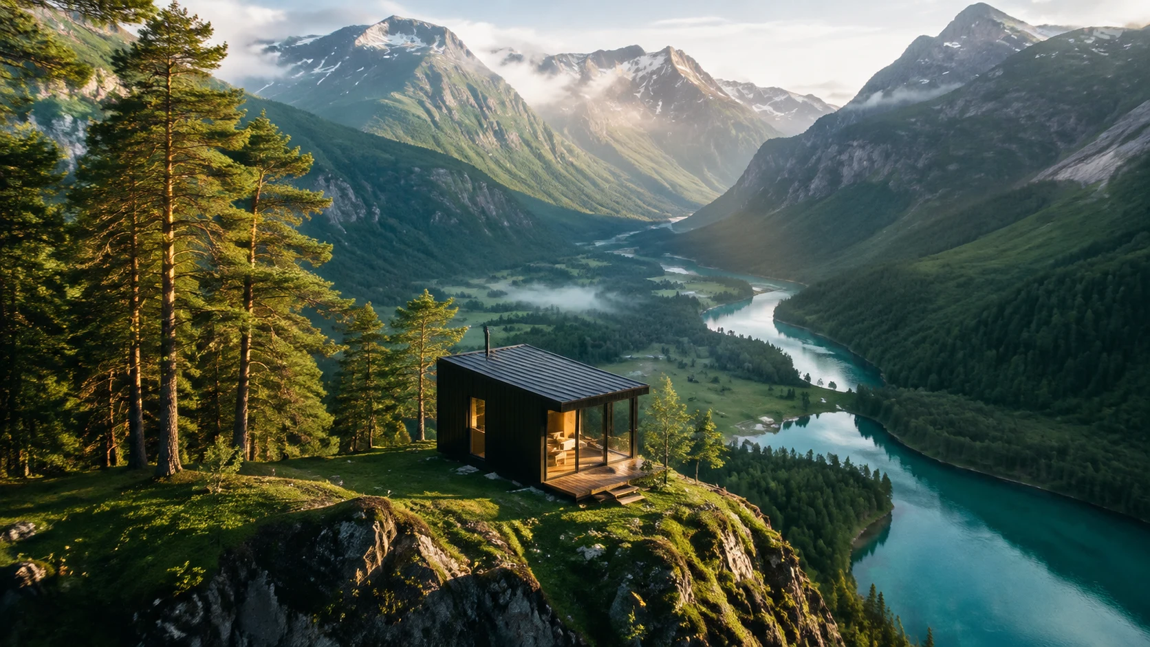 AI-created cabin overlooking a detailed emerald mountain valley and turquoise river.